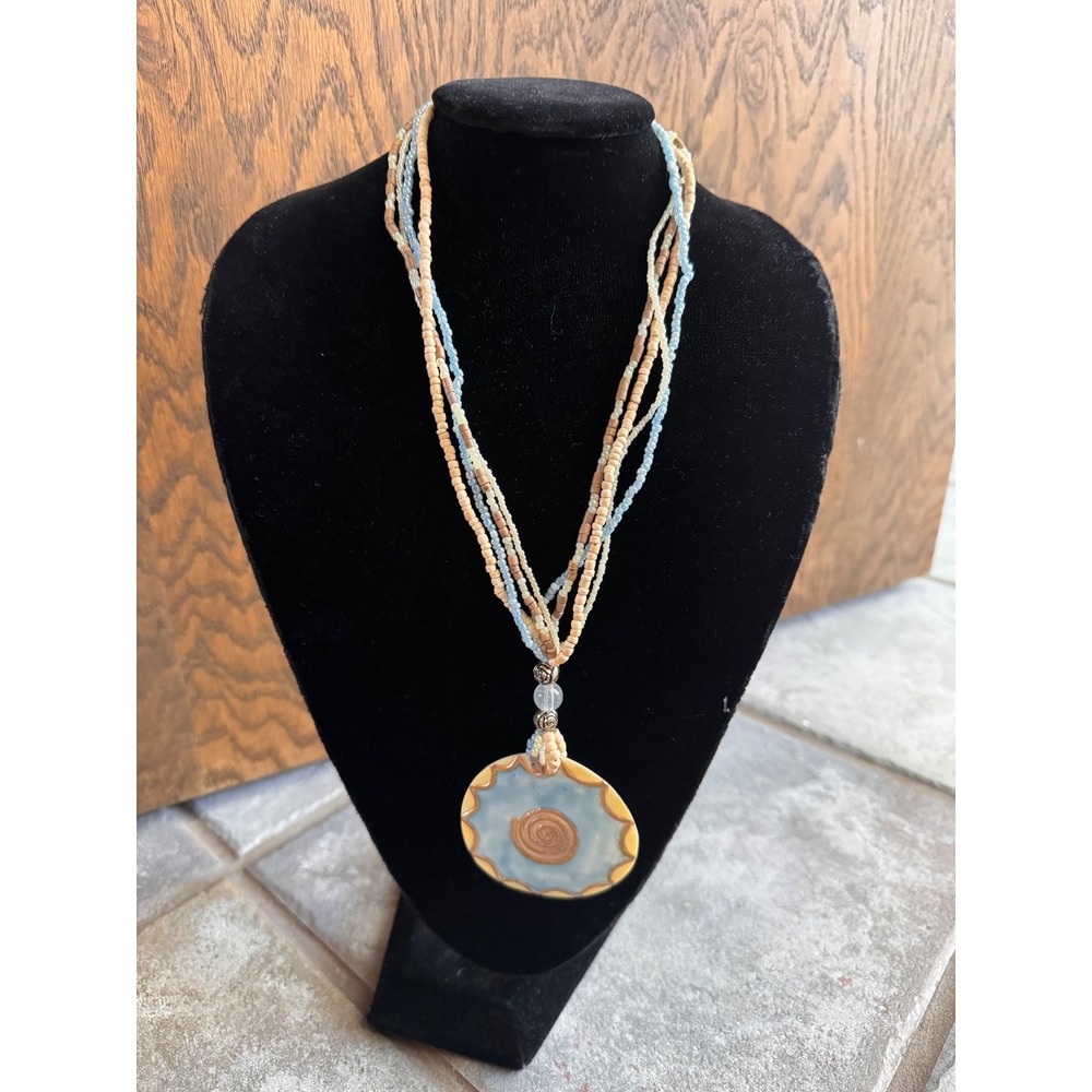 Y2K Boho Multi Strand Beaded Necklace with Ceramic Spiral Pendant Blue Tan Wood